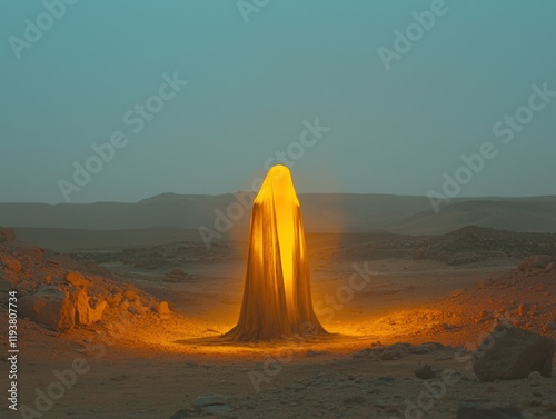 A glowing figure shrouded in fabric stands in a serene desert at dusk, evoking mystery and intrigue in a surreal landscape. photo