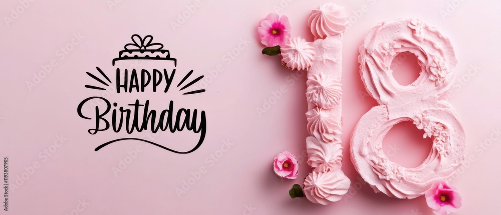 Happy 18th Birthday Cake with Pink Flowers and Whipped Cream Decorations Happy 18th Birthday Cake with Pink Flowers and Whipped Cream Decorations