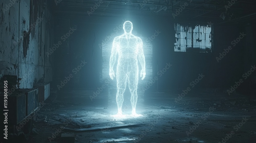 Obraz premium A glowing holographic figure stands amid the ruins of a derelict building, embodying themes of technology and mystery.