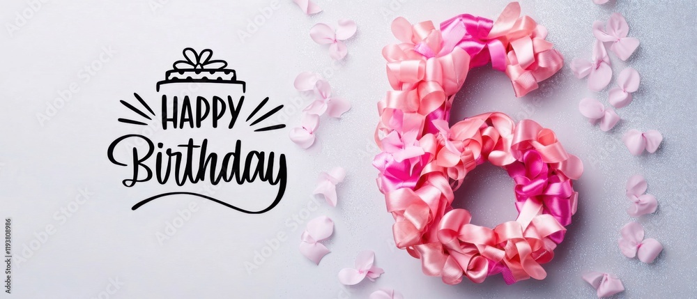 Naklejka premium Festive Sixth Birthday Celebration: Pink Ribbon Number Six with Happy Birthday Text and Petals