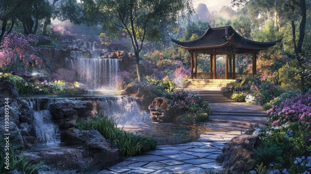 Serene Asian garden with waterfalls, pavilion, and blooming flowers. Serene Asian garden with waterfalls, pavilion, and blooming flowers.