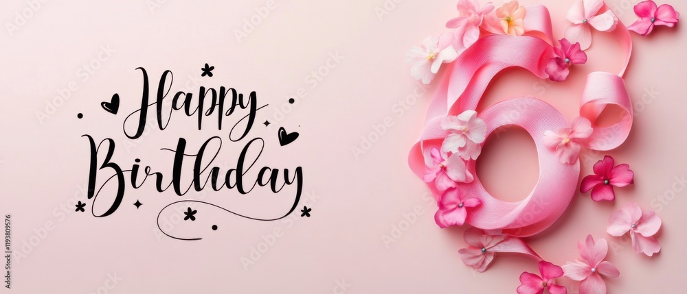 Elegant Pink Ribbon and Flowers Happy 6th Birthday Background Elegant Pink Ribbon and Flowers Happy 6th Birthday Background