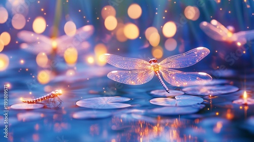 Fluttering wonders unite under shimmering stars in a magical garden oasis alive with dragonflies