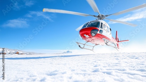 Helicopter medevac touches down on pristine snowy field under bright blue sky