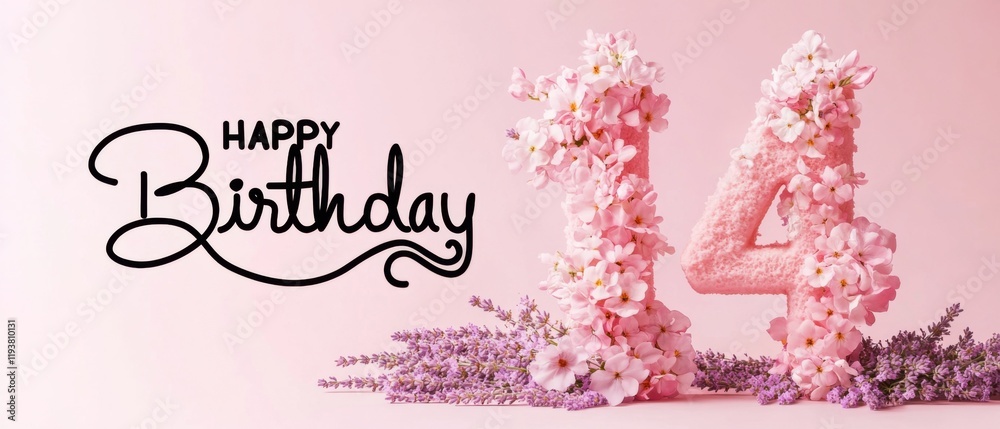 Naklejka premium Happy 14th Birthday Floral Number Cake Design with Lavender
