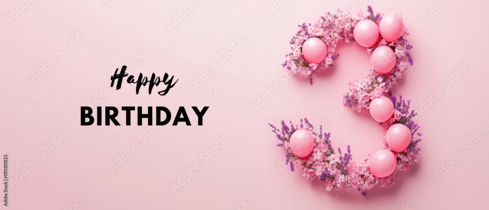 Naklejka premium Happy 3rd Birthday Floral Number Three Pink Balloons Lavender Flowers