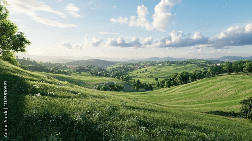 Fototapeta premium Serene Green Valley Landscape: Rolling Hills, Lush Meadows, and Distant Village under a Sunny Sky