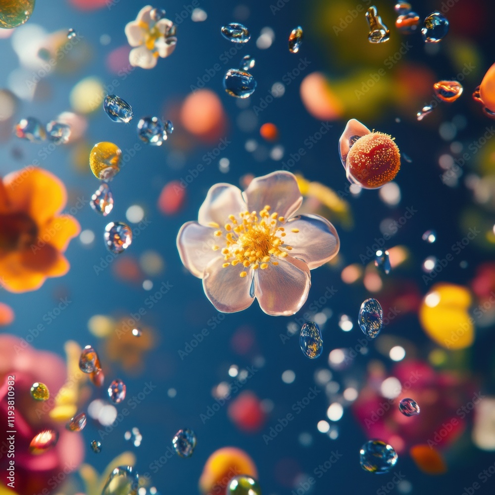 Floating pollen particles in vibrant colors highlighting their impact on allergy symptoms and skin irritation. Generative AI Floating pollen particles in vibrant colors highlighting their impact on allergy symptoms and skin irritation. Generative AI