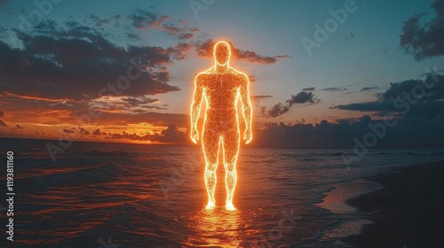 A glowing figure stands in the ocean at sunset, blending human form with vibrant light, evoking themes of connection and energy. photo