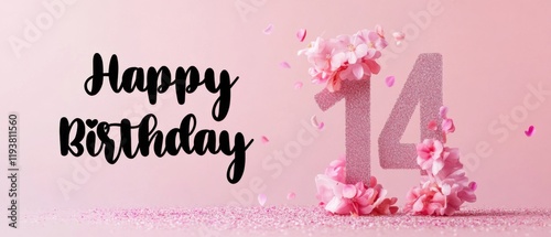 Sparkling Pink 14th Birthday Background with Flowers and Glitter photo