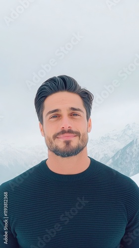 Portrait of a man with a beard and dark sweater standing outdoors with snowy mountains in the background Winter scenery and casual outdoor lifestyle for design and print