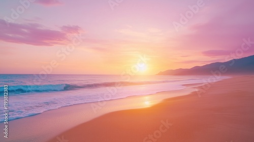 Golden sunset over a tranquil beach with gentle waves and soft pastel sky hues Scenic coastal landscape with mountains in the distance for design and print