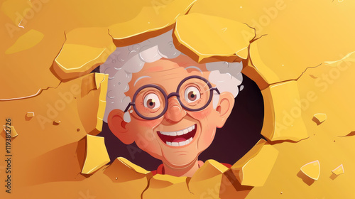 Wallpaper Mural A cheerful grandma peeks through a hole in a bright yellow wall, her laughter bringing joy to the whimsical scene. Torontodigital.ca