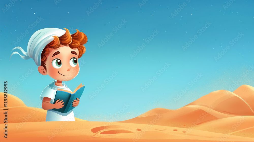 Naklejka premium A young child in traditional attire, joyfully praying and reading the Quran during the holy month of Ramadan.