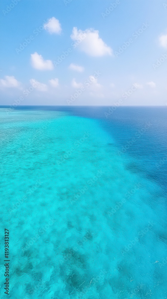 Aerial View of Vibrant Blue Seascape with Tropical Waters and Puffy Clouds, Perfect for Summer and Beach-Themed Designs Aerial View of Vibrant Blue Seascape with Tropical Waters and Puffy Clouds, Perfect for Summer and Beach-Themed Designs