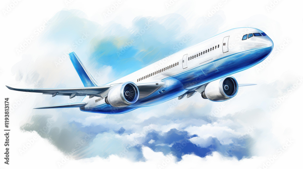 Obraz premium A sleek commercial jet soars through the sky, showcasing its aerodynamic design from a striking low angle view.