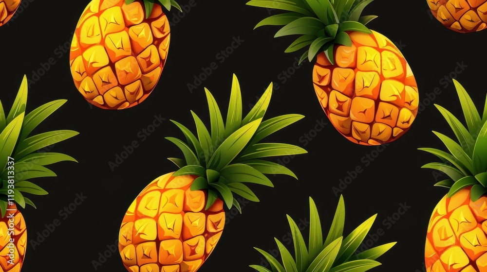 A vibrant pineapple seamless pattern set against a bold black backdrop, perfect for fruity designs and tropical vibes. A vibrant pineapple seamless pattern set against a bold black backdrop, perfect for fruity designs and tropical vibes.
