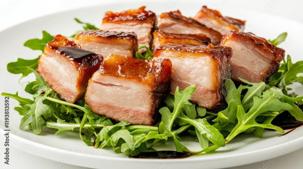 Fried pork belly salad, health-conscious food concept, served on a bed of arugula with balsamic drizzle, isolated on white background Fried pork belly salad, health-conscious food concept, served on a bed of arugula with balsamic drizzle, isolated on white background