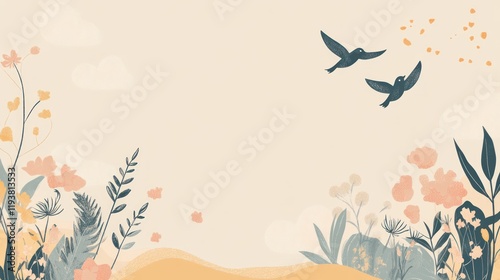Birds fly above floral landscape, pastel sky,  spring design