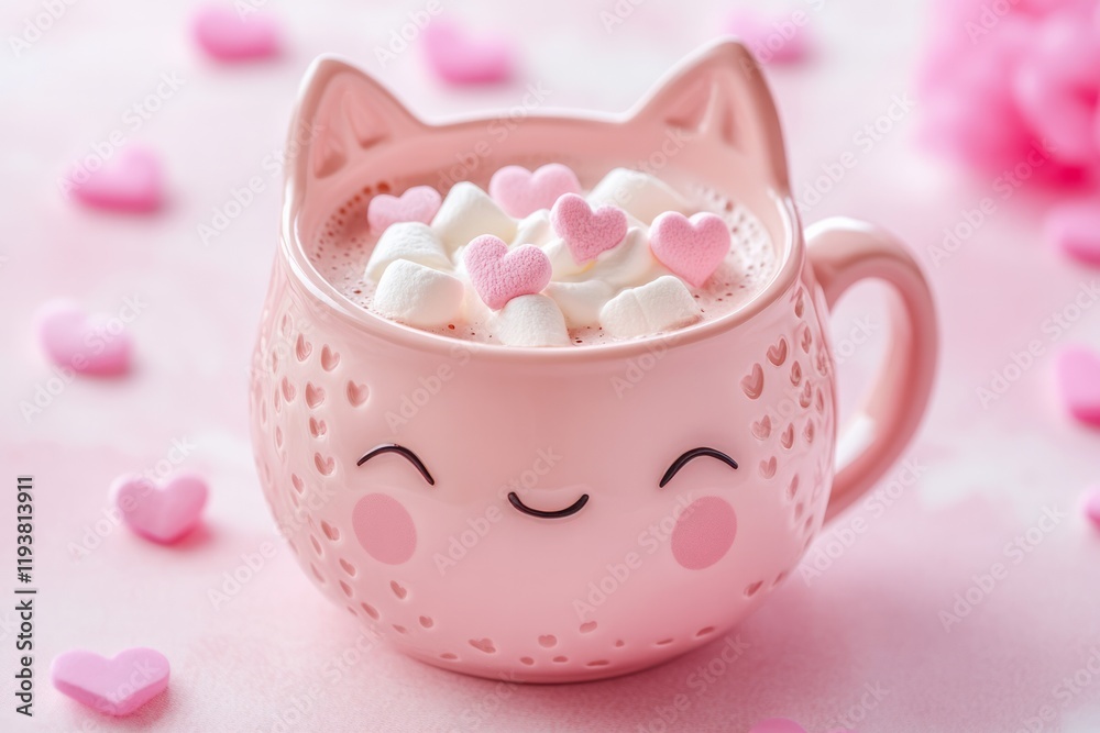 Valentines Day theme featuring a pink ceramic mug shaped like a cat Valentines Day theme featuring a pink ceramic mug shaped like a cat