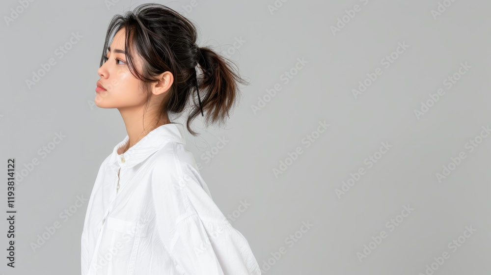 A stunning young Asian woman poses gracefully against a gray backdrop, showcasing her natural beauty and elegance. A stunning young Asian woman poses gracefully against a gray backdrop, showcasing her natural beauty and elegance.
