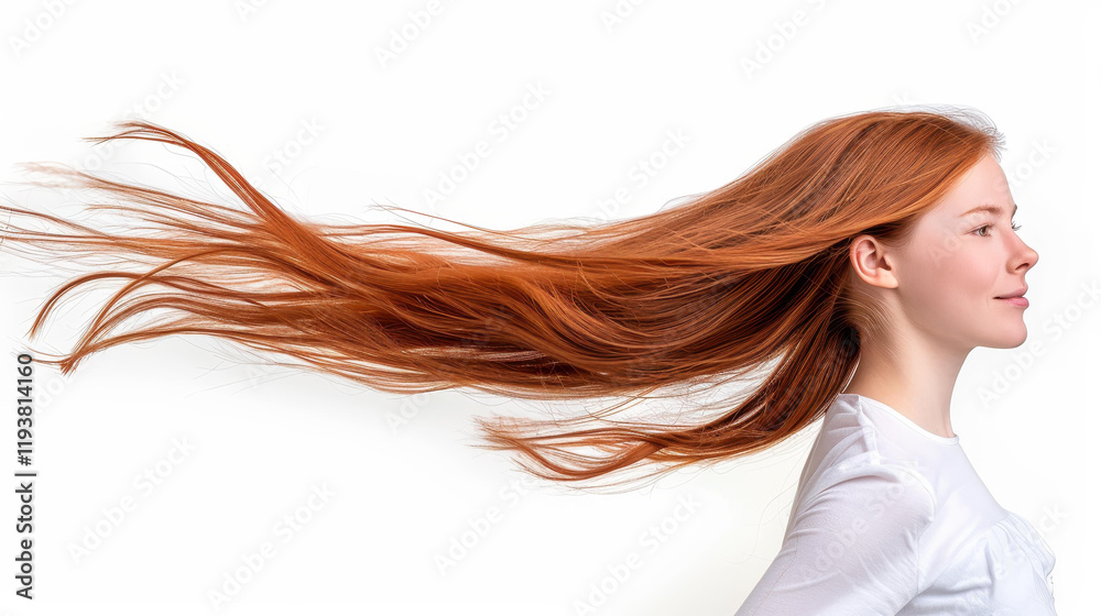 Fototapeta premium A stunning portrait of a redhaired girl showcases her long, shiny straight hair against a clean white background.