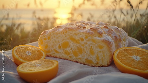 Orange cake & slices at beach sunset picnic. photo