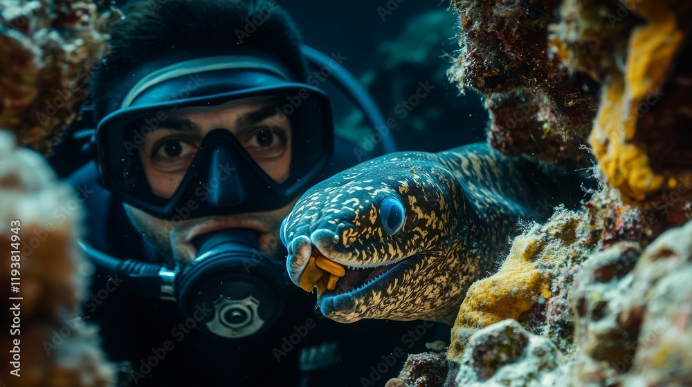 Fototapeta premium A close-up of a diver feeding a moray eel in a rocky crevice of the coral reef, with the eel stretching out to take the food.