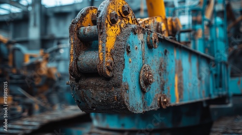 A close-up of a vintage construction crane with rusted metal details, positioned on an old construction site surrounded by machinery and tools