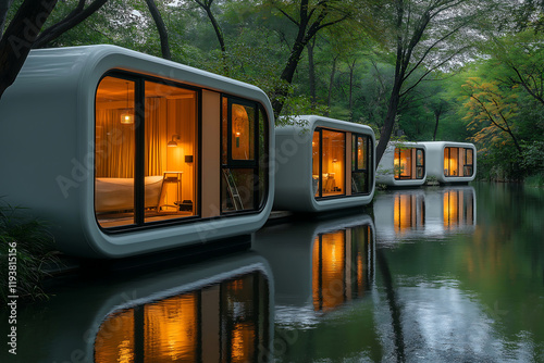 Floating Modular Houses with Warm Lights in Nature river lake