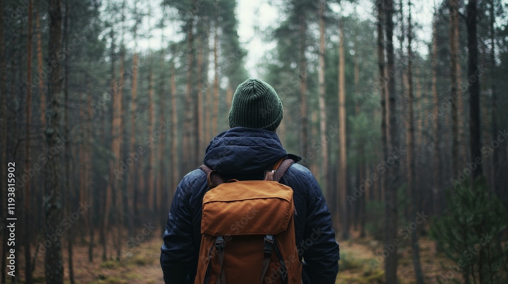 Young caucasian male exploring forest with backpack and hat in winter Young caucasian male exploring forest with backpack and hat in winter