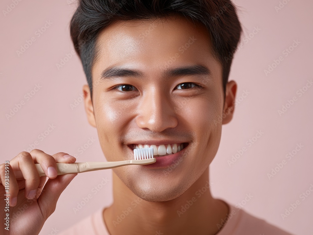 A handsome corean man with fair skin, smiling warmly as he holds a sleek beige toothbrush in his hand. A handsome corean man with fair skin, smiling warmly as he holds a sleek beige toothbrush in his hand.
