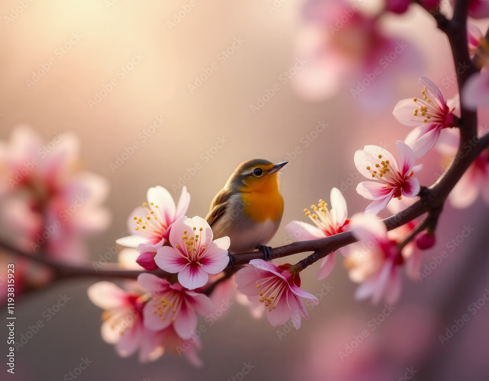 A charming scene features a vibrant yellow songbird resting on a branch adorned with blooming cherry blossoms A charming scene features a vibrant yellow songbird resting on a branch adorned with blooming cherry blossoms