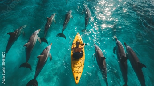 A kayaker surrounded by a pod of dolphins, with the clear blue water revealing the dolphins swimming in synchronized movements. photo