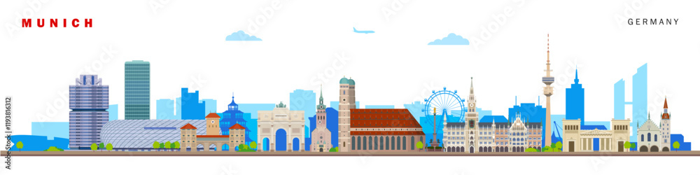 Fototapeta premium Munich city of Germany architectural famous buildings, travel and tourism themed vector illustration poster wall art. 