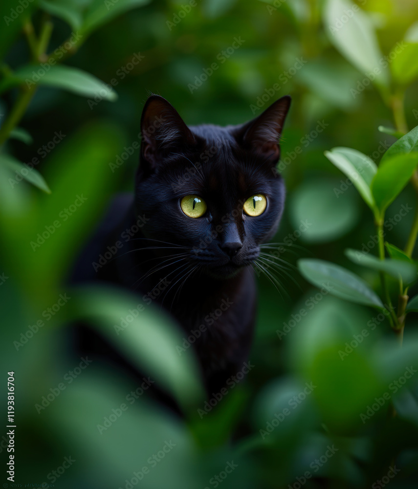 A striking black cat with vivid green eyes hiding amidst lush foliage, creating a mysterious yet captivating scene A striking black cat with vivid green eyes hiding amidst lush foliage, creating a mysterious yet captivating scene