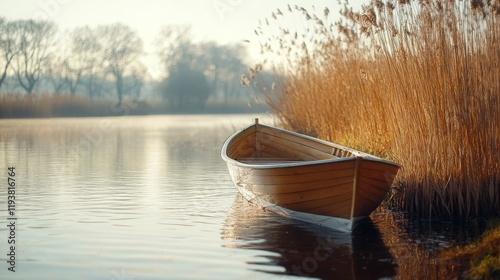A small wooden boat floating gently on a tranquil river surrounded by tall reeds and soft morning light.