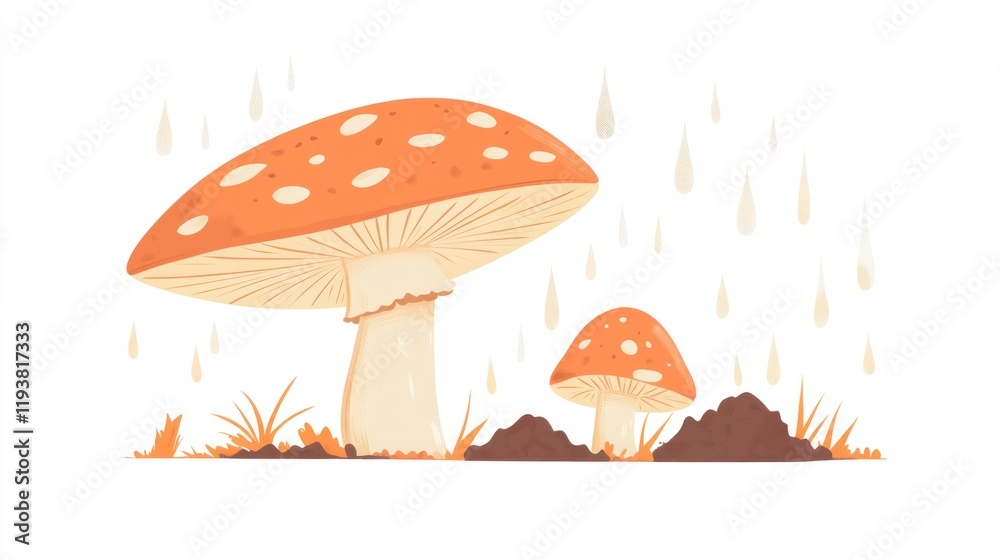 Two mushrooms in rain, autumnal illustration Two mushrooms in rain, autumnal illustration