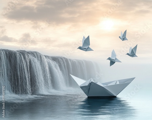 Rising to the Challenge with a Paper Boat as a Symbol of Success and Transformation photo