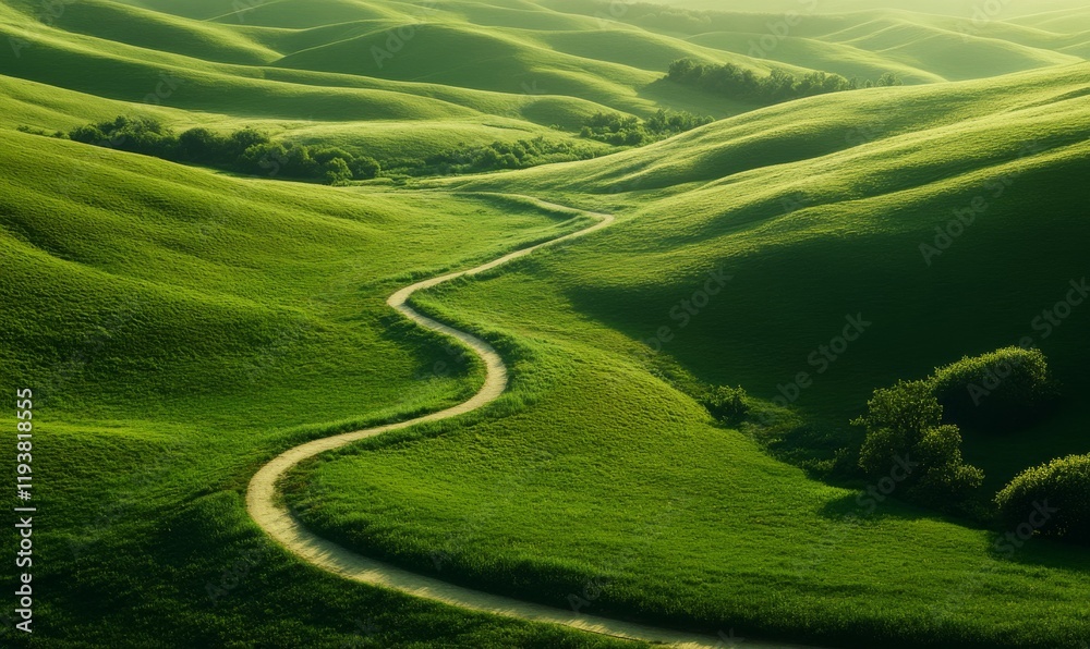 A serene green landscape with a winding path leading to a secluded spot, scenic view., walking trail, peaceful atmosphere, natural scenery A serene green landscape with a winding path leading to a secluded spot, scenic view., walking trail, peaceful atmosphere, natural scenery