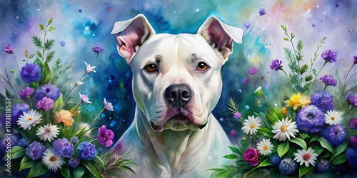 Watercolor Pitbull Portrait: White Dog with One Black Eye, One Black Ear, Purple Blue Green Flowers photo