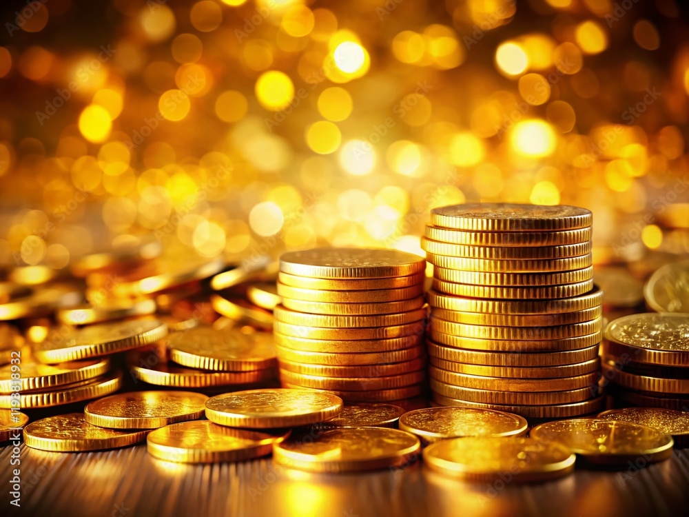 Wealth, Fortune, Treasure: Pile of Gold Coins with Blurred Background - Stock Photo Wealth, Fortune, Treasure: Pile of Gold Coins with Blurred Background - Stock Photo
