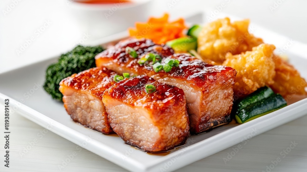 Fried pork belly with tempura vegetables, Japanese-inspired crispy dish, plated together, isolated on white background Fried pork belly with tempura vegetables, Japanese-inspired crispy dish, plated together, isolated on white background
