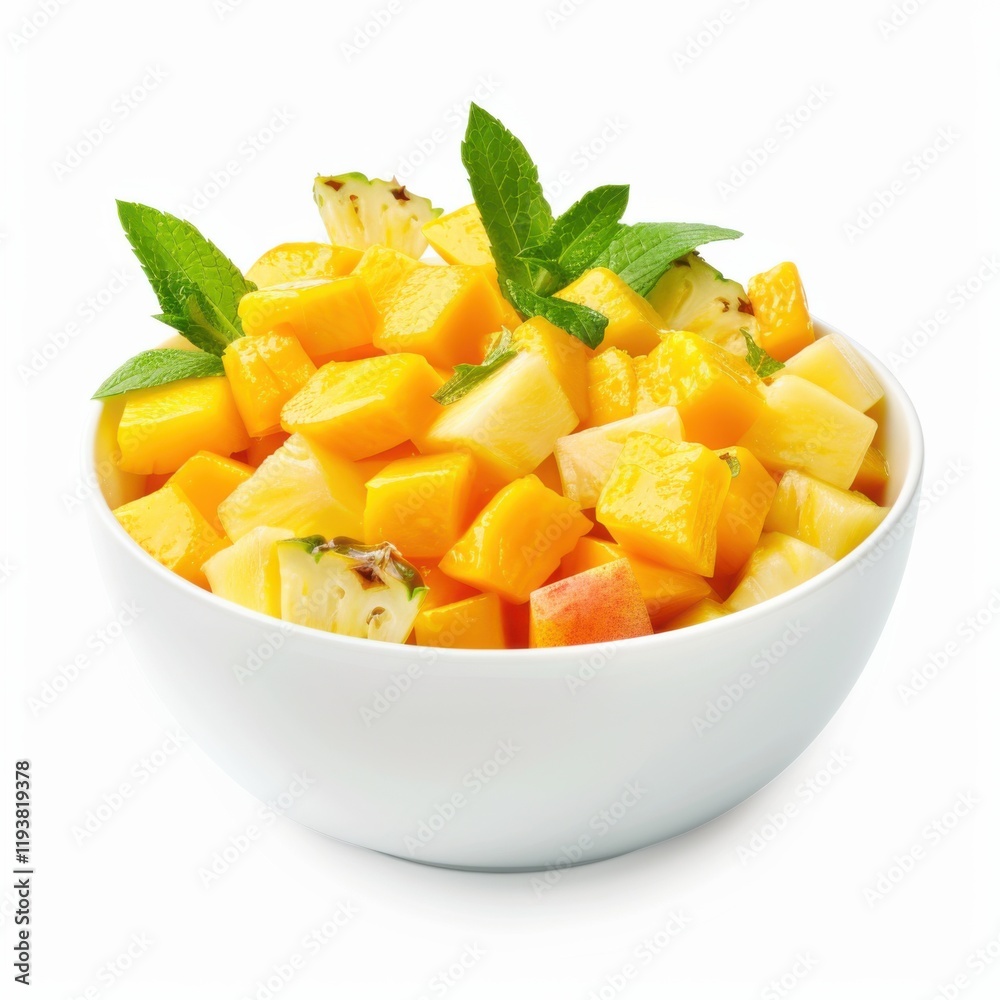 A bowl of tropical fruit salad with mango and pineapple chunks, isolated white background, modern art style A bowl of tropical fruit salad with mango and pineapple chunks, isolated white background, modern art style