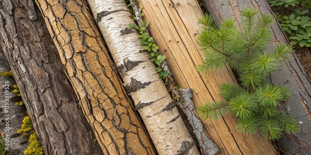 Weathered Wood Surface Displaying Diverse Tree Bark Textures - Natural Collection