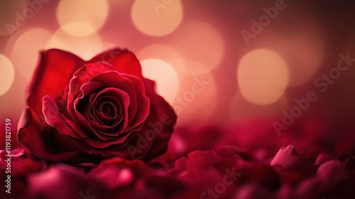 Beautiful red rose lying on a bed of petals with a warm bokeh background, creating a romantic and intimate atmosphere