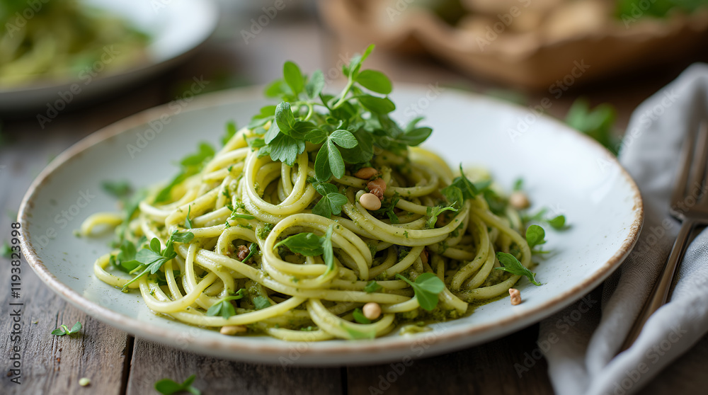 A plate of zucchini noodles with pesto sauce, garnished with microgreens and cashew nuts. A plate of zucchini noodles with pesto sauce, garnished with microgreens and cashew nuts.