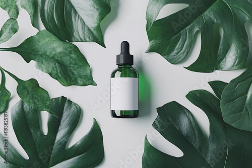 Skincare Bottle in Green with Leaves photo