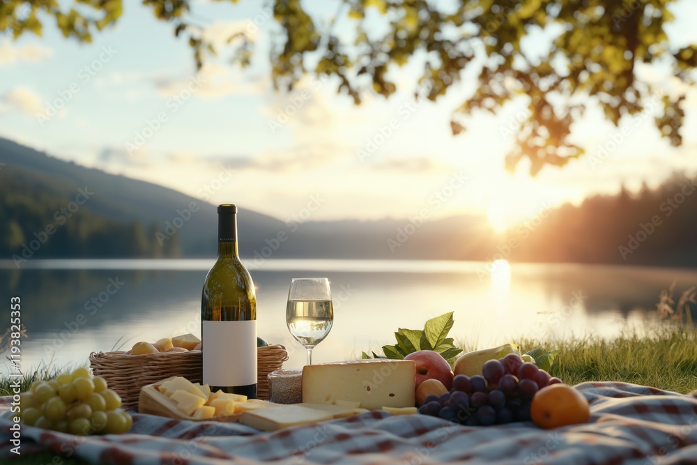Fototapeta premium A scenic lakeside picnic with wine, cheese, grapes, and fruit on a blanket, set under tree shade as the sun sets over tranquil waters and rolling hills