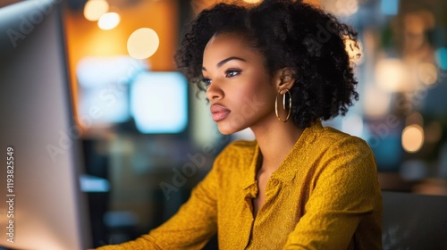 Focused woman in yellow shirt working at computer in office at night